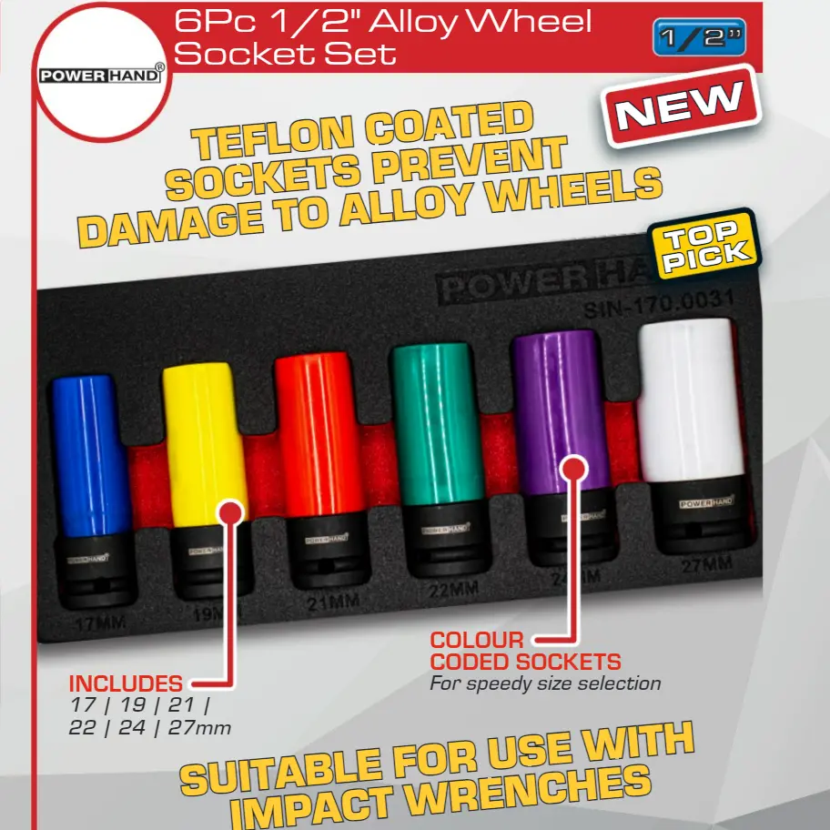 Powerhand Teflon Coated 1/2" Alloy Wheel Socket 6 Piece Set Sesin-170.0031 1