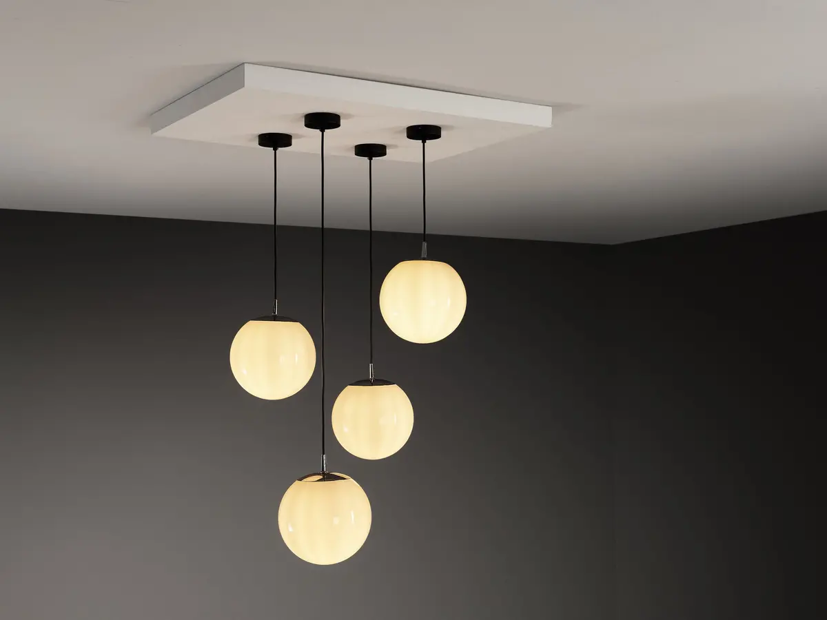 Mid-Century Modern Set Of Four Pendants With White Glass Spheres 1