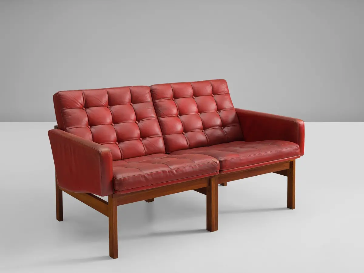 Ole Gjerløv-Knudsen & Torben Lind Two Seater Sofa In Red Leather And Teak 1