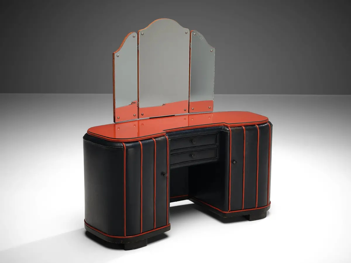 Danish Dressing Table In Navy Blue Leather And Red Lacquered Wood 1