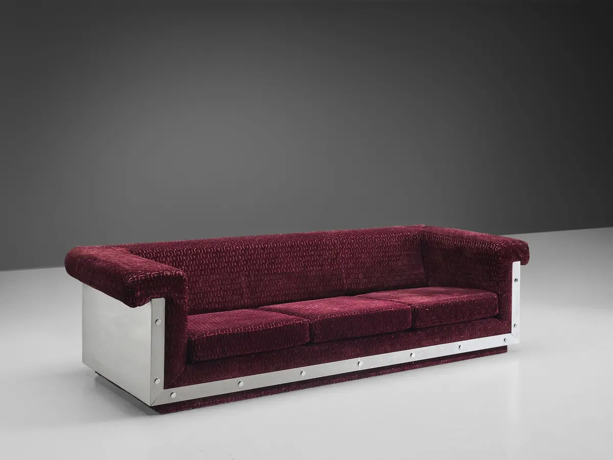 Postmodern French Sofa In Stainless Steel And Burgundy Velvet Upholstery 1