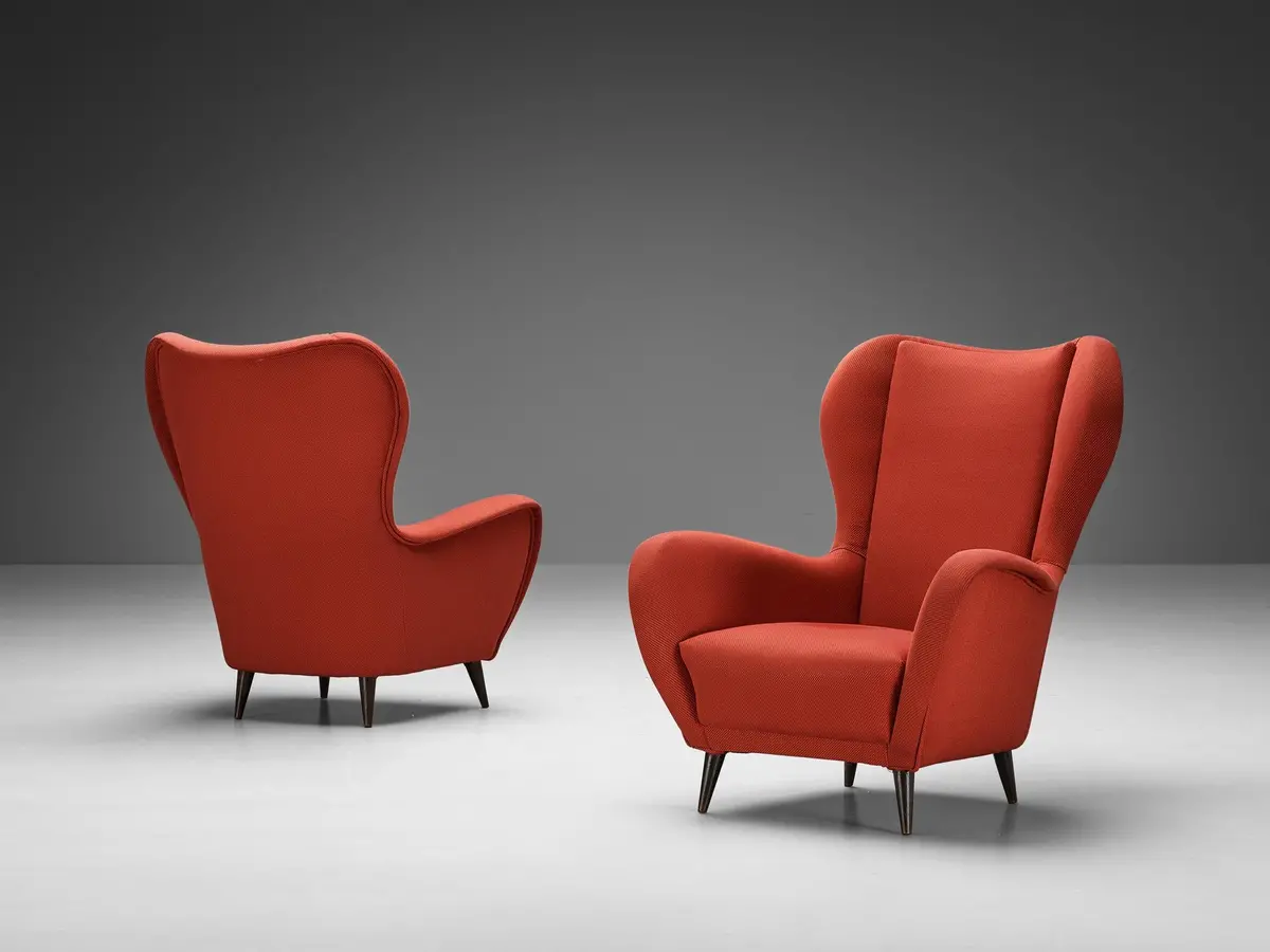 1950S Italian Pair Of Wingback Chairs In Red Upholstery And Wood 1