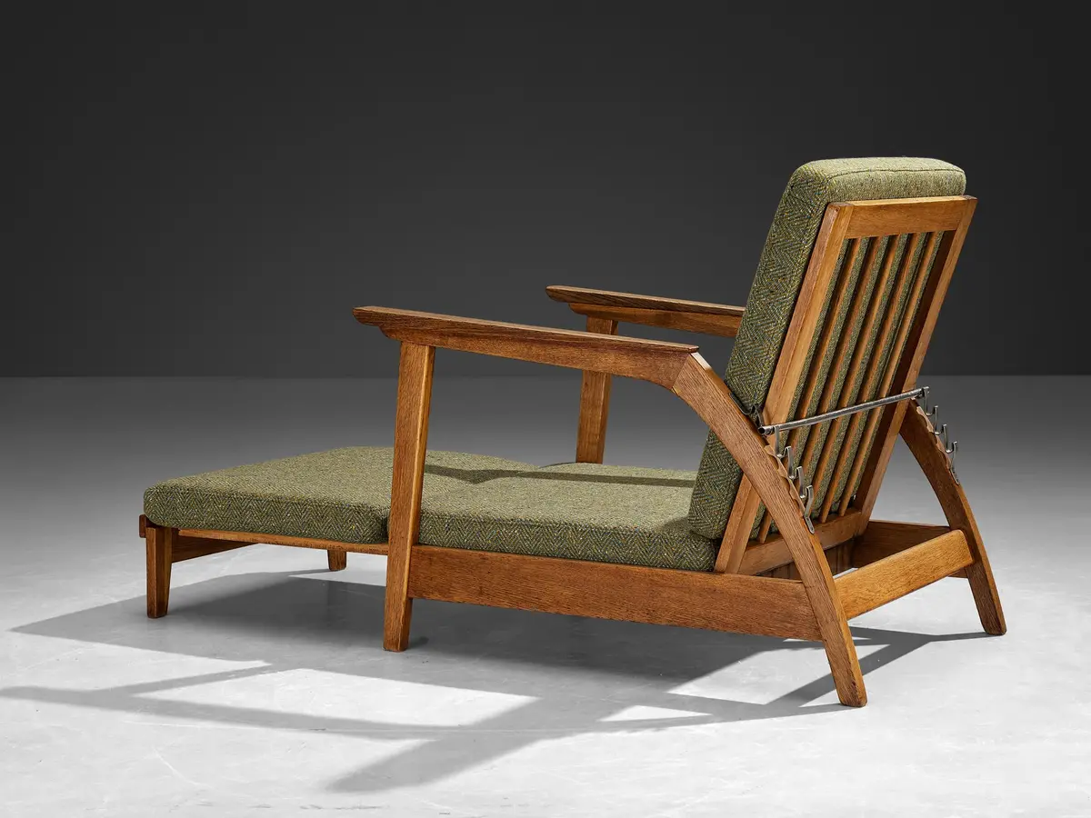 1950S Scandinavian Adjustable Chaise Longue In Solid Oak And Green Wool 1
