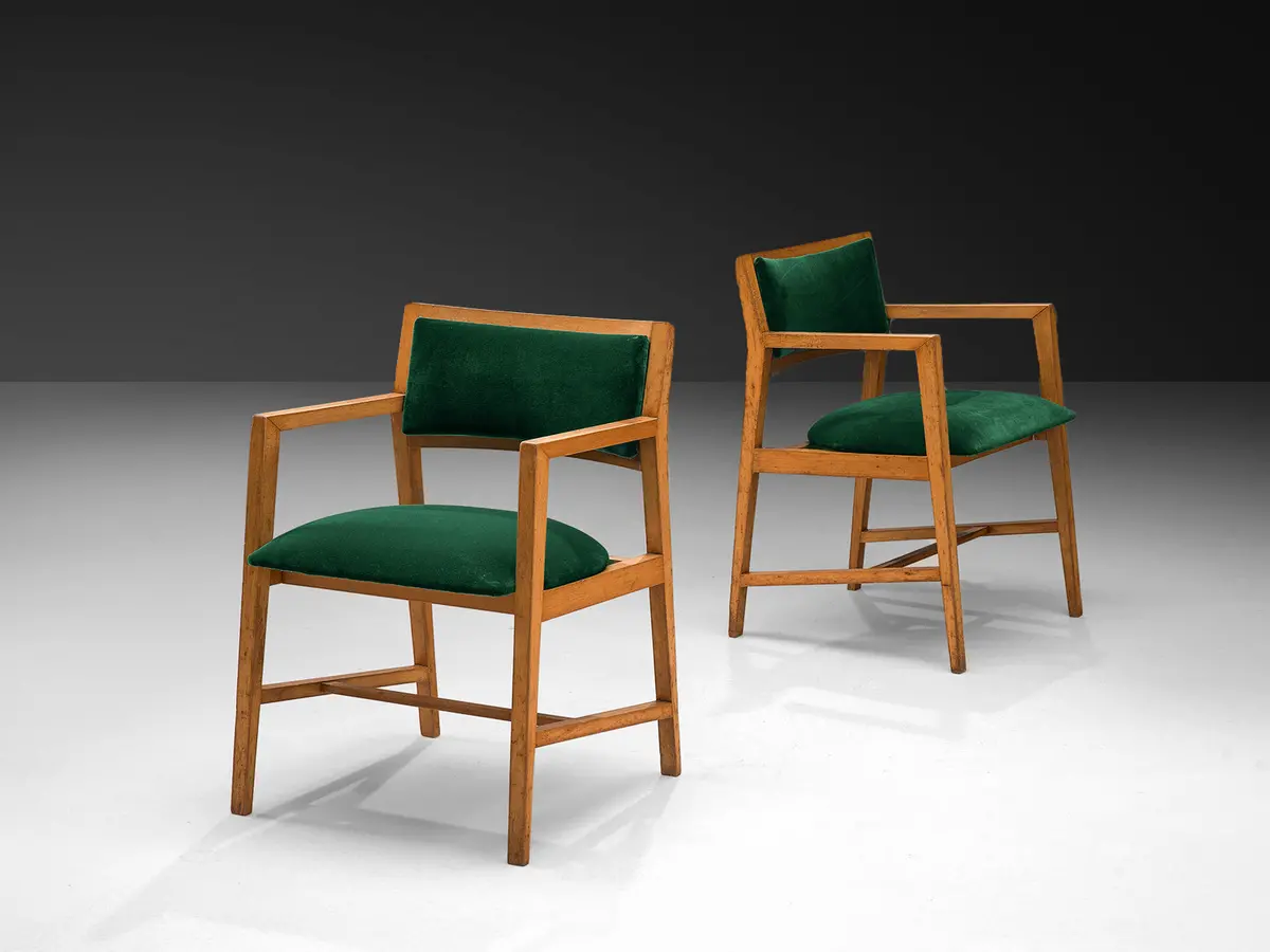 Edward Wormley Pair Of Armchairs In Green Velvet Upholstery 1
