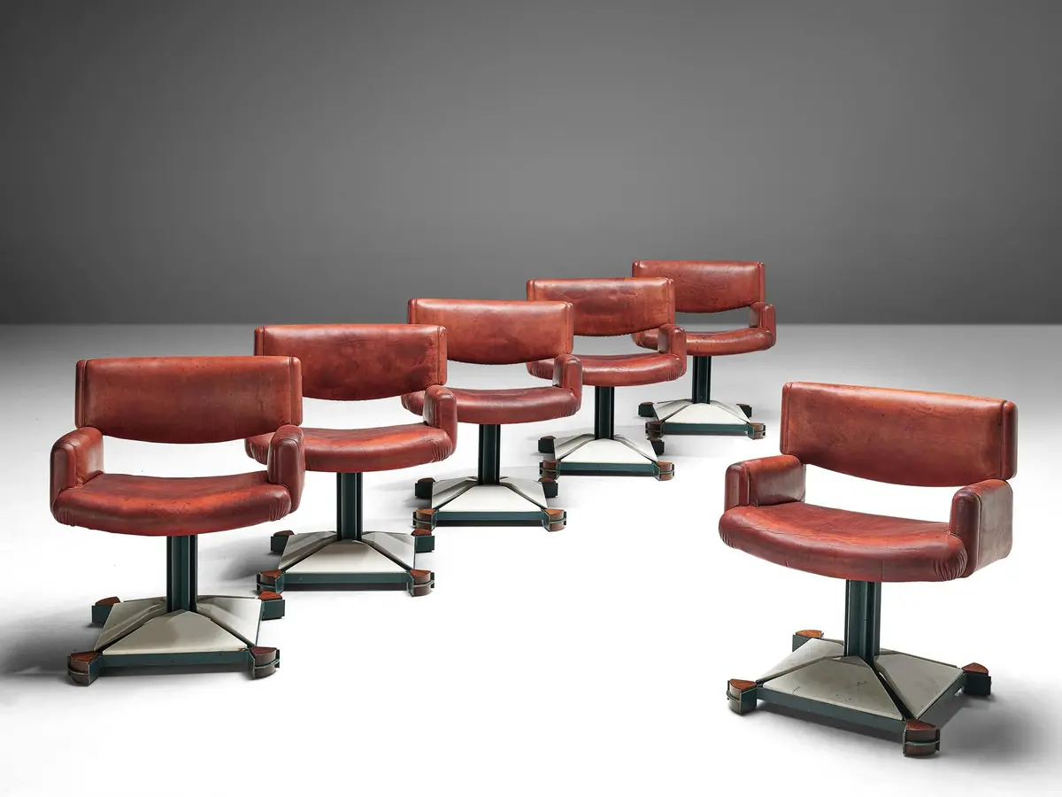 Italian Set Of Six Armchairs In Marble And Red Leather 1