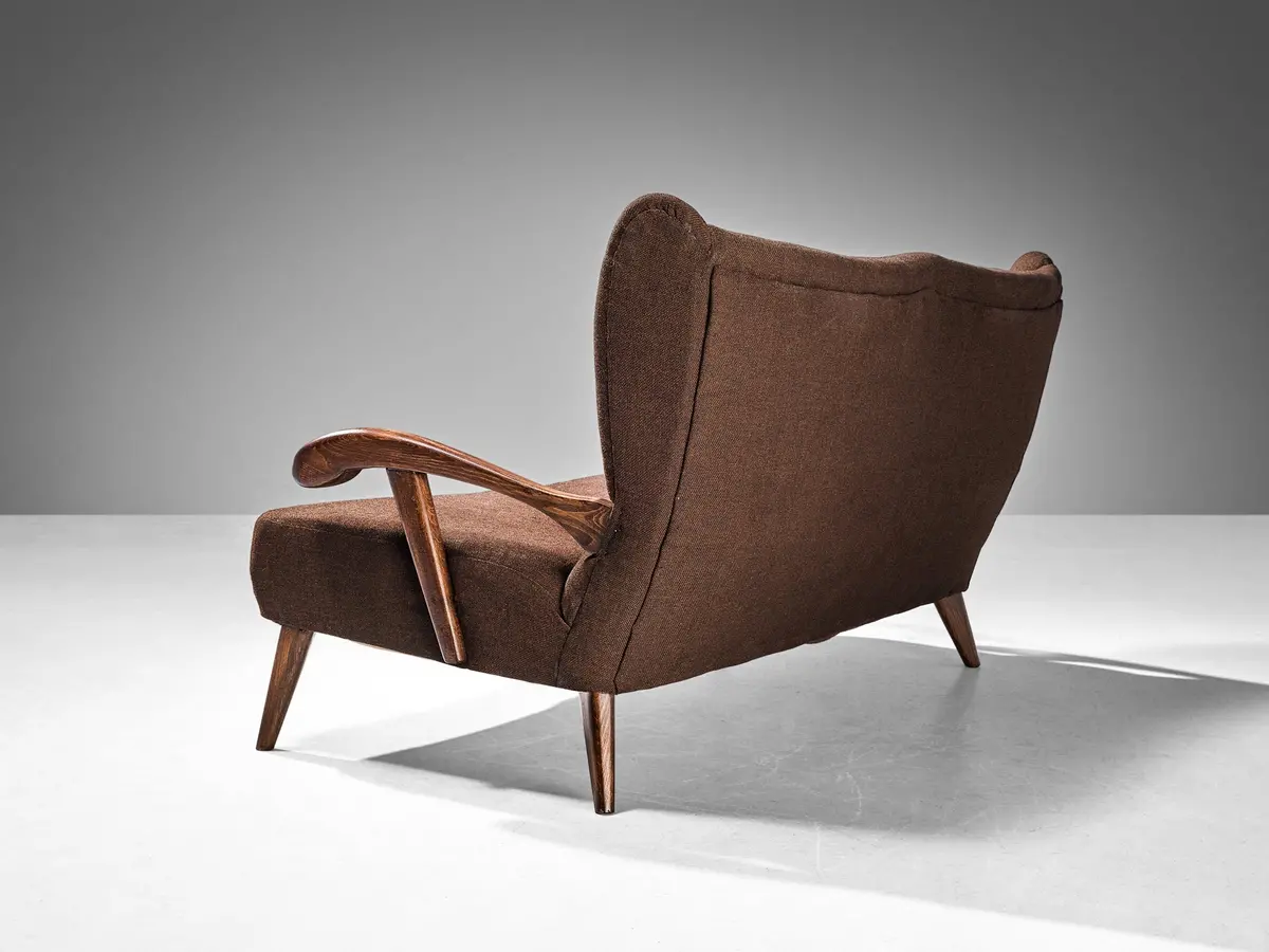 Sofa With Sculptural Armrests In Oak And Brown Upholstery 1