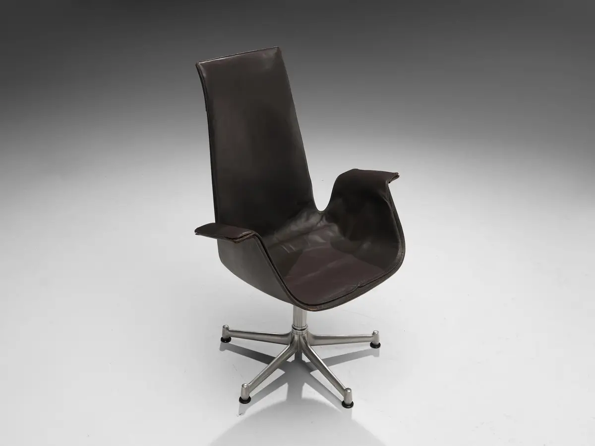 Fabricius & Kastholm Swivel Chair In Dark Brown Leather And Steel 1