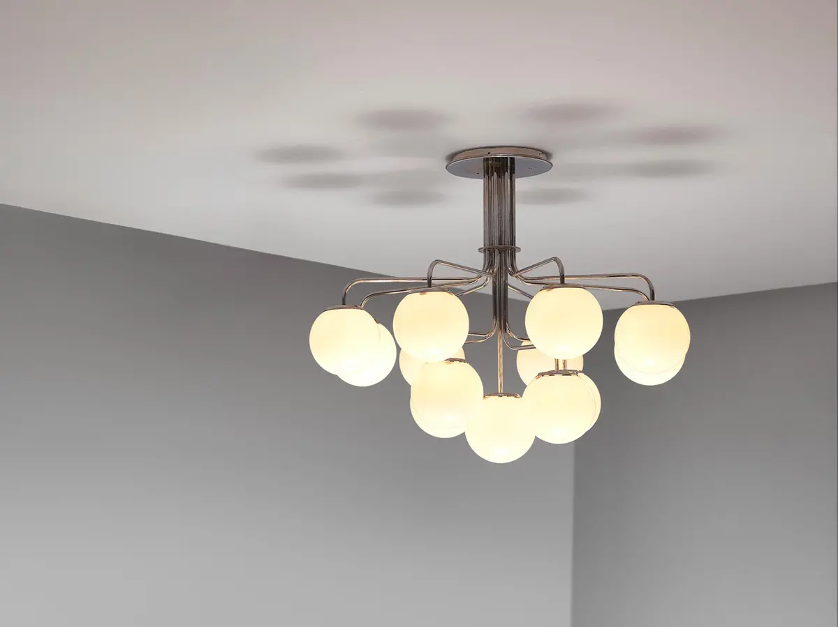 Elegant Italian Chandelier In Steel With Opaque White Glass Spheres 1