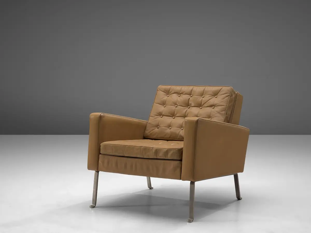 Roland Ranier Easy Chair In Beige Leather And Metal 1