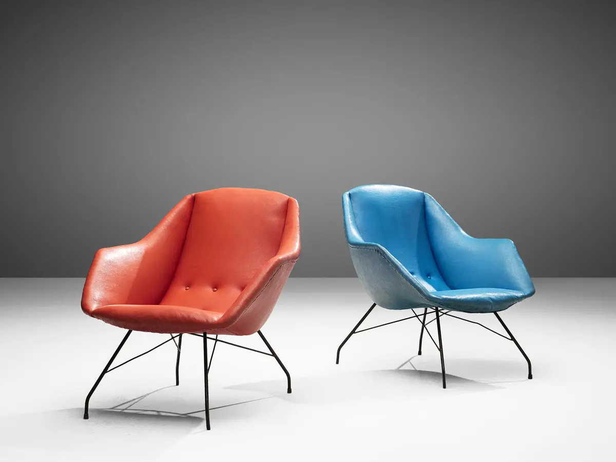Carlo Hauner And Martin Eisler Lounge Chairs In Blue And Red Upholstery 1