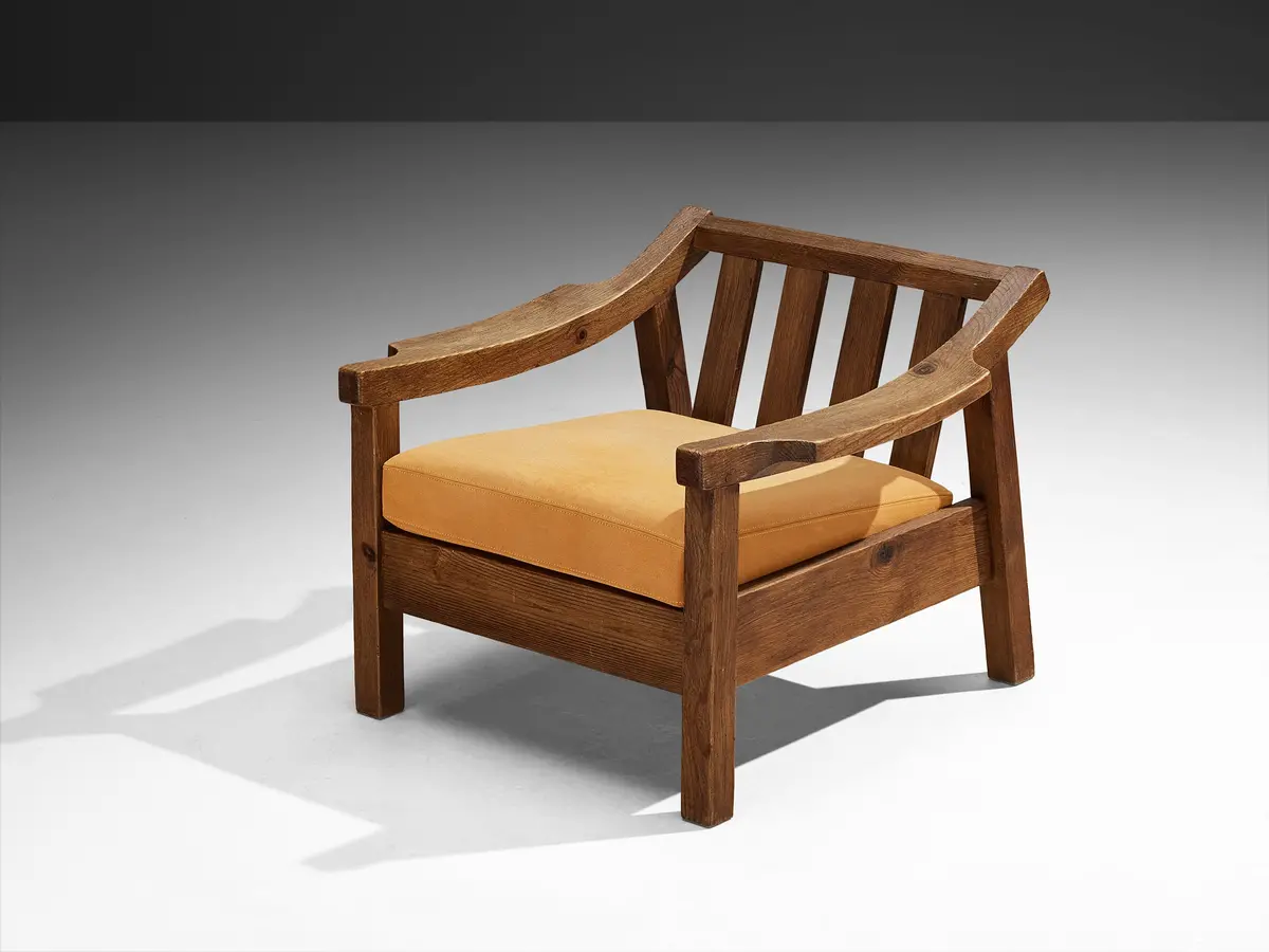 Brutalist Spanish Lounge Chair In Solid Oak And Warm Ochre Suede 1