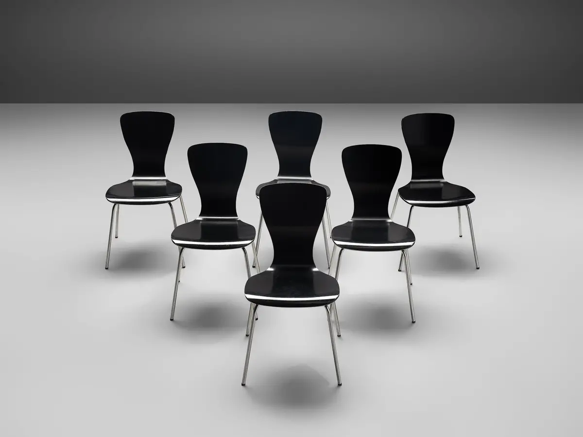 Tapio Wirkkala For Asko 'Nikke' Dining Chairs In Black Lacquered Plywood 1
