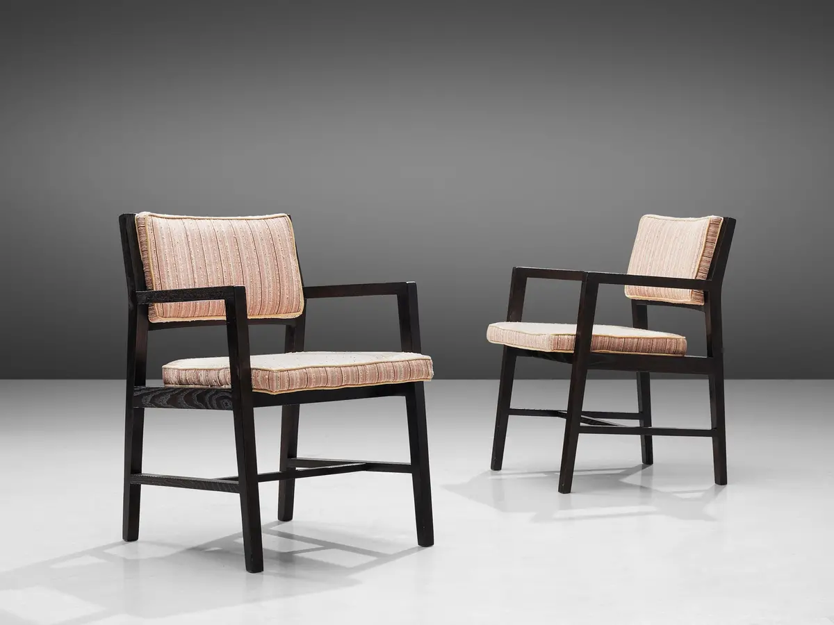 Edward Wormley For Dunbar Pair Of Armchairs In Pink Striped Upholstery 1