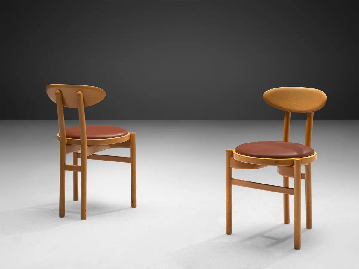 Pozzi Italian Pair Of Dining Chairs In Wood And Brown Upholstery 1