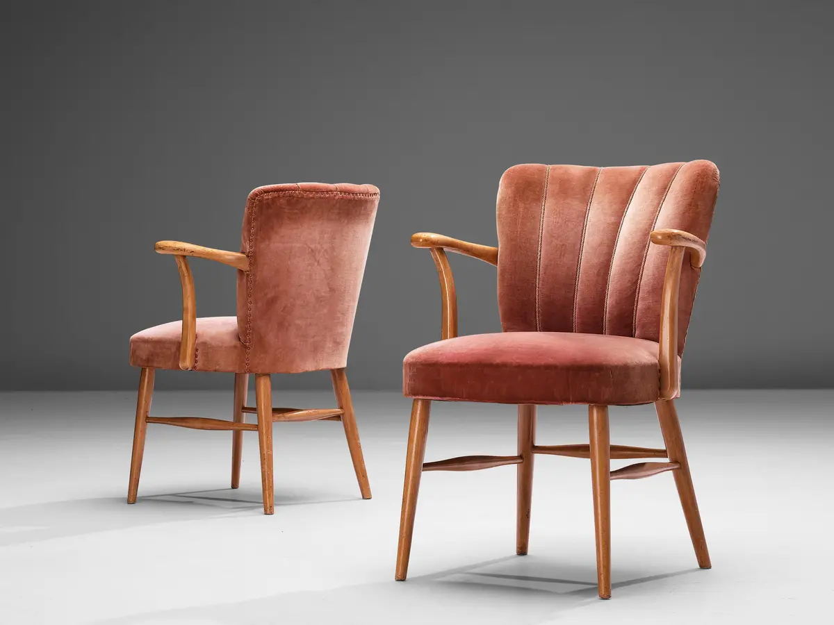 European Armchairs In Soft Pink Velvet Upholstery And Beech 1