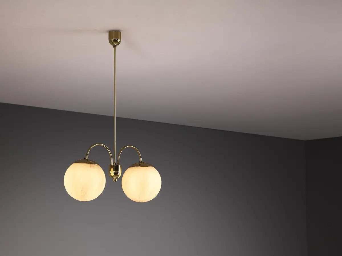 Chandelier With Pink Marbled Glass Spheres And Brass 1