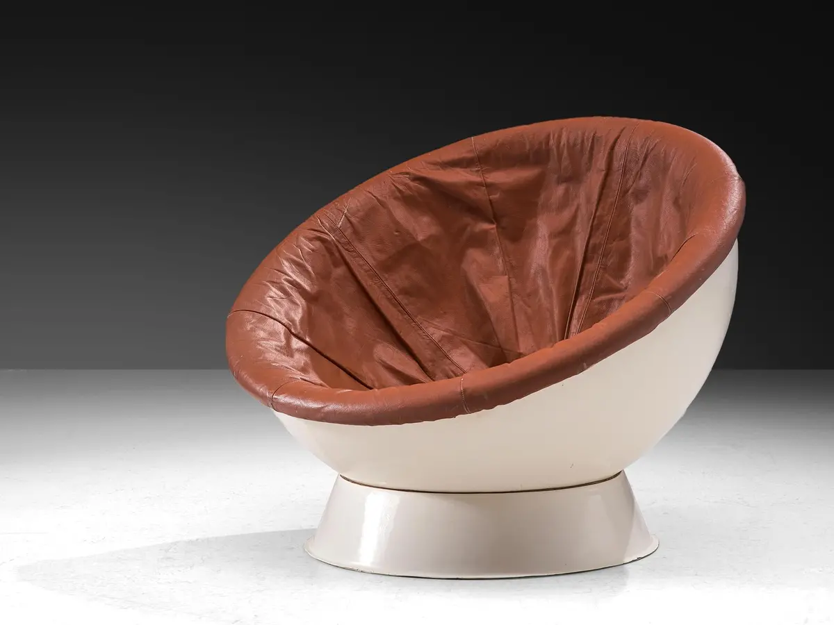 Space Age Ball Chair In White Fiberglass And Brown Leather 1