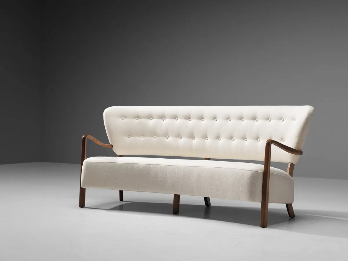 Reupholstered Danish Sofa With Sculptural Frame And White Upholstery 1