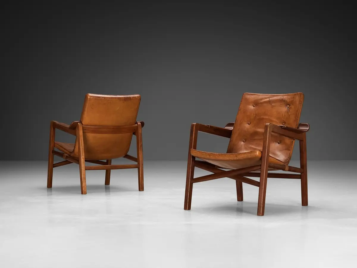 Tove & Edvard Kindt-Larsen Pair Of 'Fireside' Armchairs In Original Leather 1