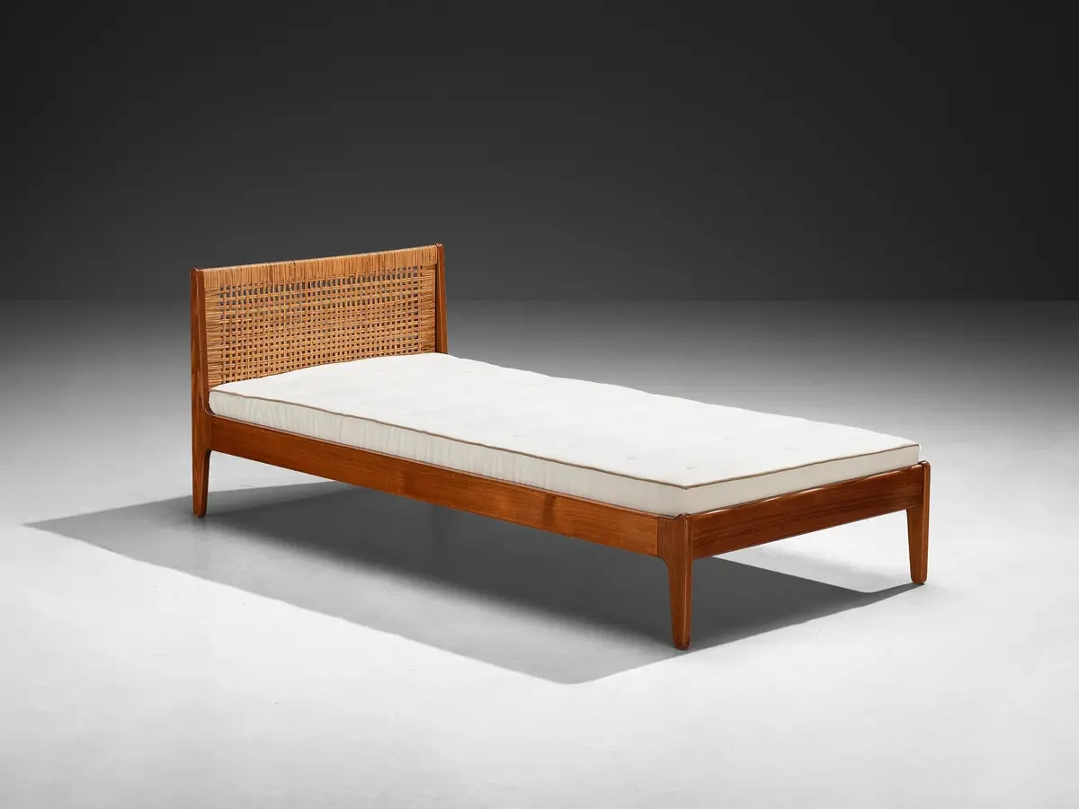 Rare Poul M. Volther Single Bed In Teak And Cane 1950S 1
