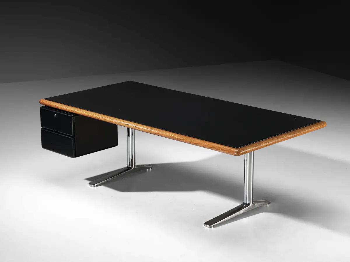 Warren Platner For Knoll Writing Desk In Oak And Black Leather 1