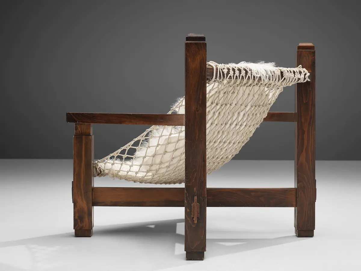 Large Italian Lounge Chair In Stained Pine And Rope Seating 1