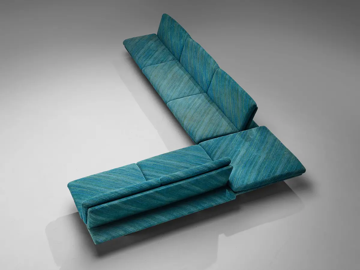 Streamlined Modern Living Room Set With Sofas And Ottoman In Green-Blue Patterned Upholstery And Chromed Metal 1