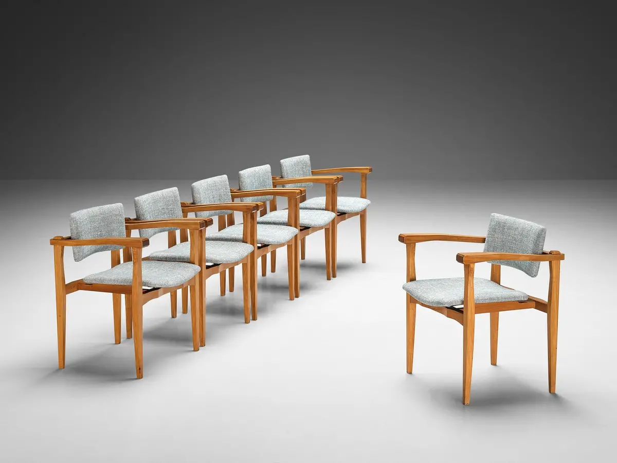 Italian Set Of Six Armchairs In Walnut And Pierre Frey Upholstery 1