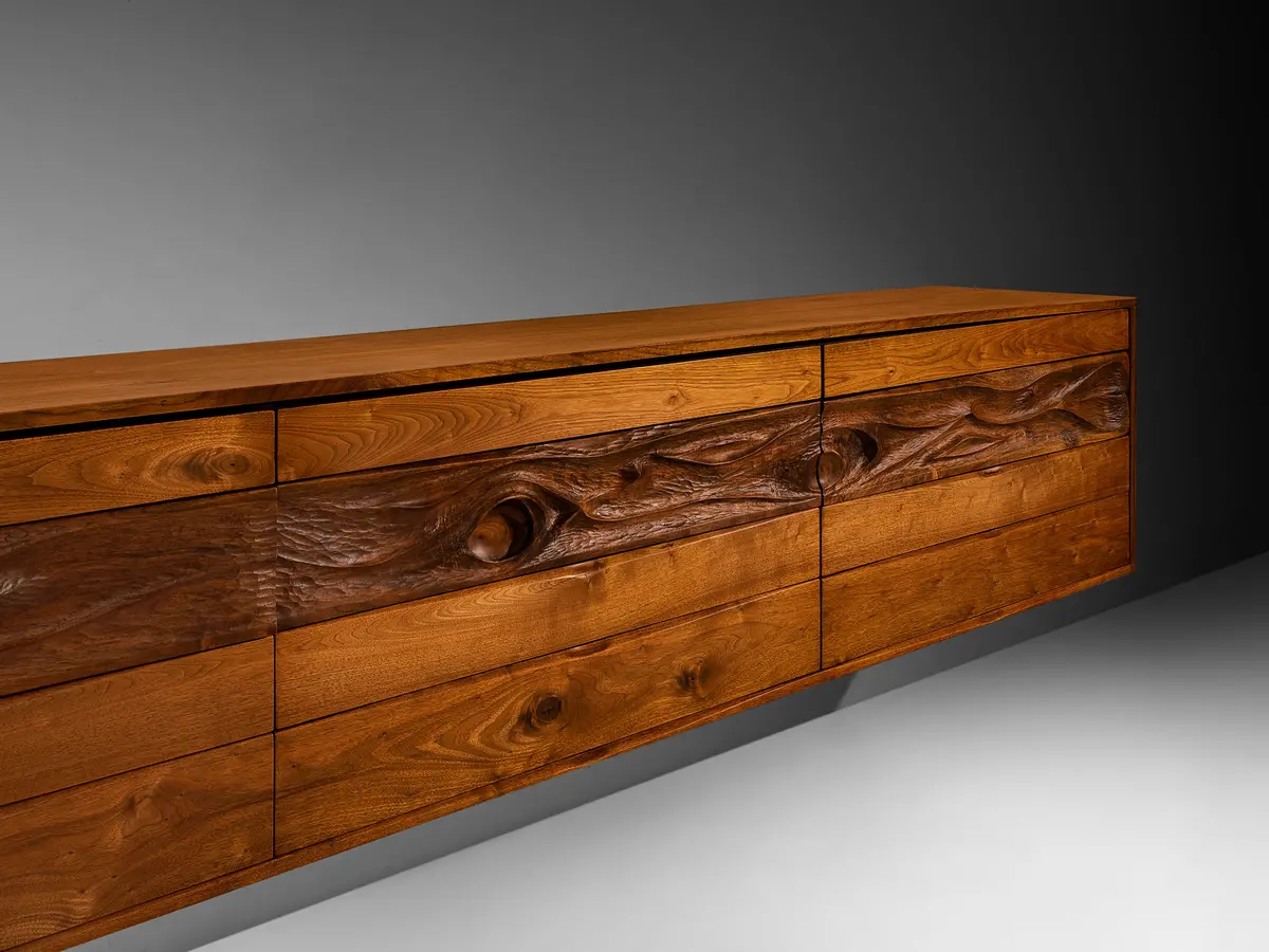 Phillip Lloyd Powell Long Wall-Mounted Sideboard In Carved Walnut 1