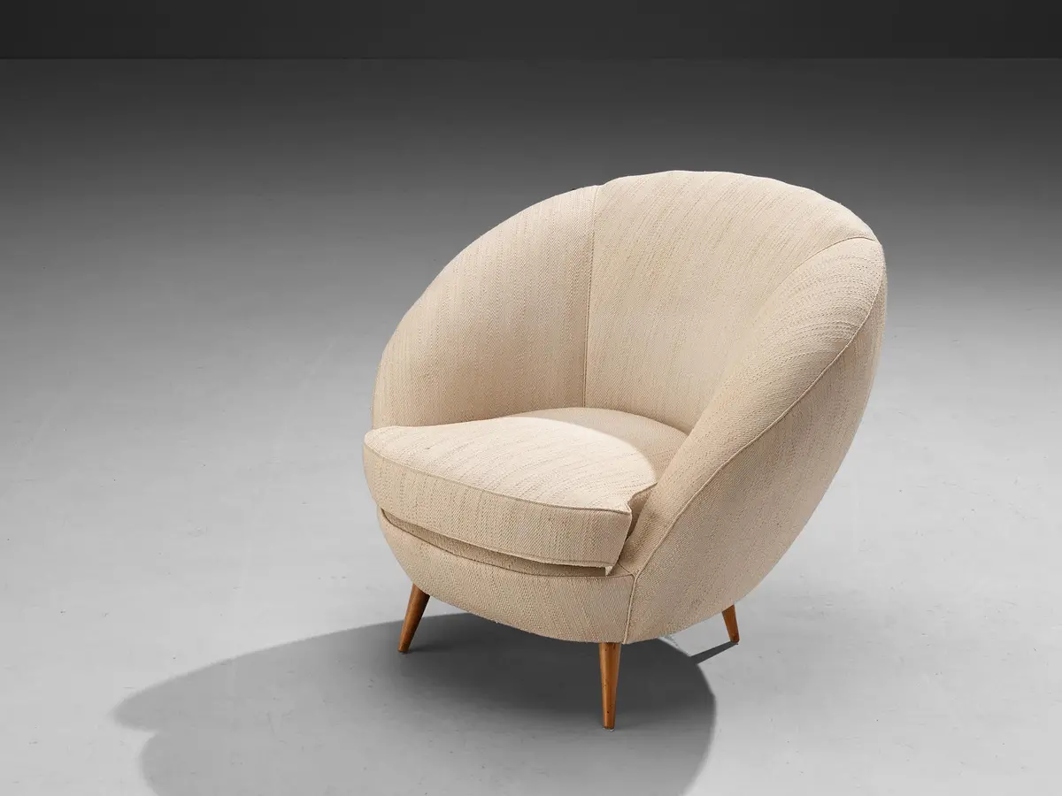 1950S Mid-Century Modern Italian Lounge Chair In Off-White Fabric & Wood 1