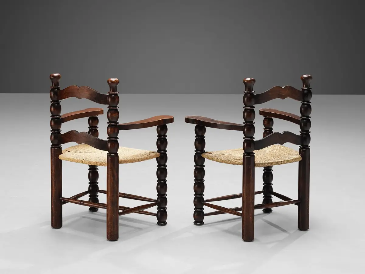 French Pair Of Dining Chairs In Stained Wood And Straw 1