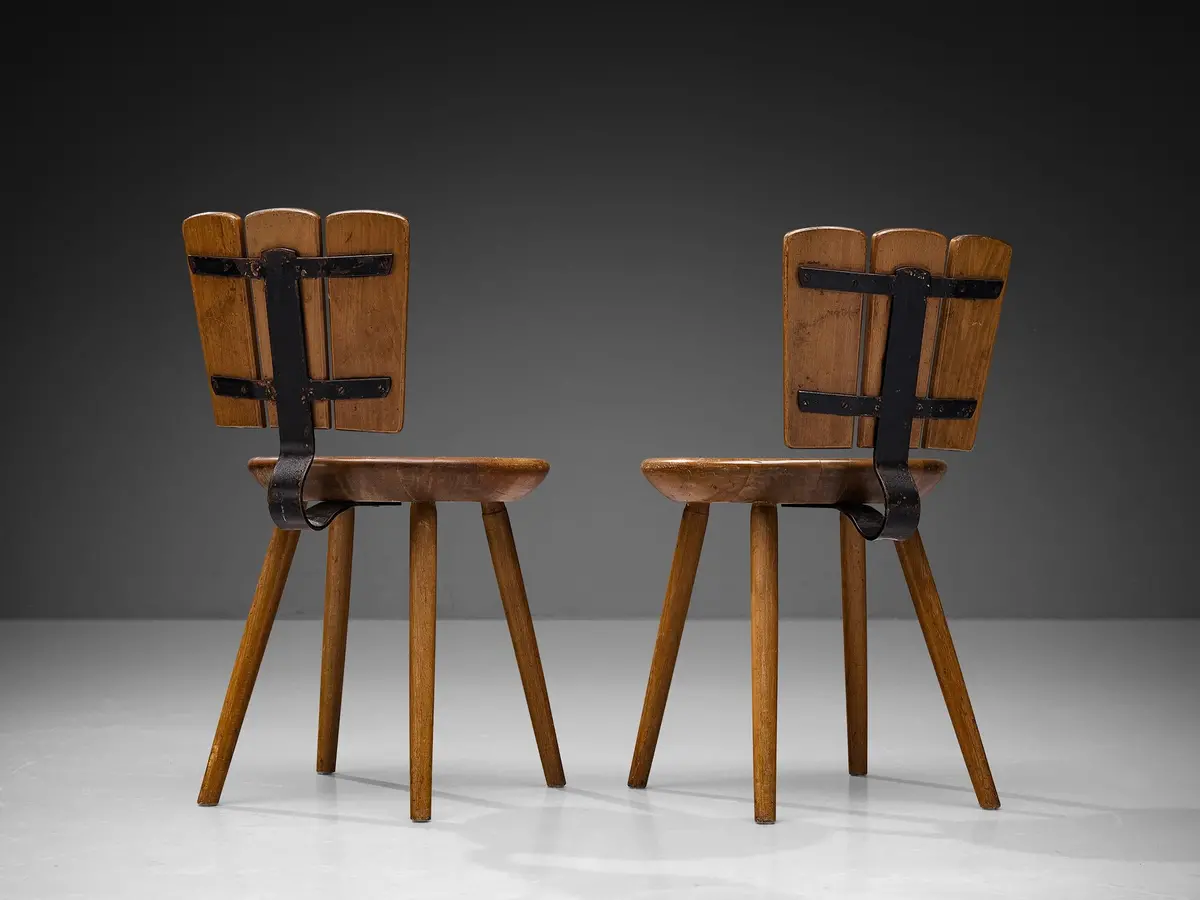 Dutch Pair Of Rustic Dining Chairs In Stained Wood And Cast Iron 1
