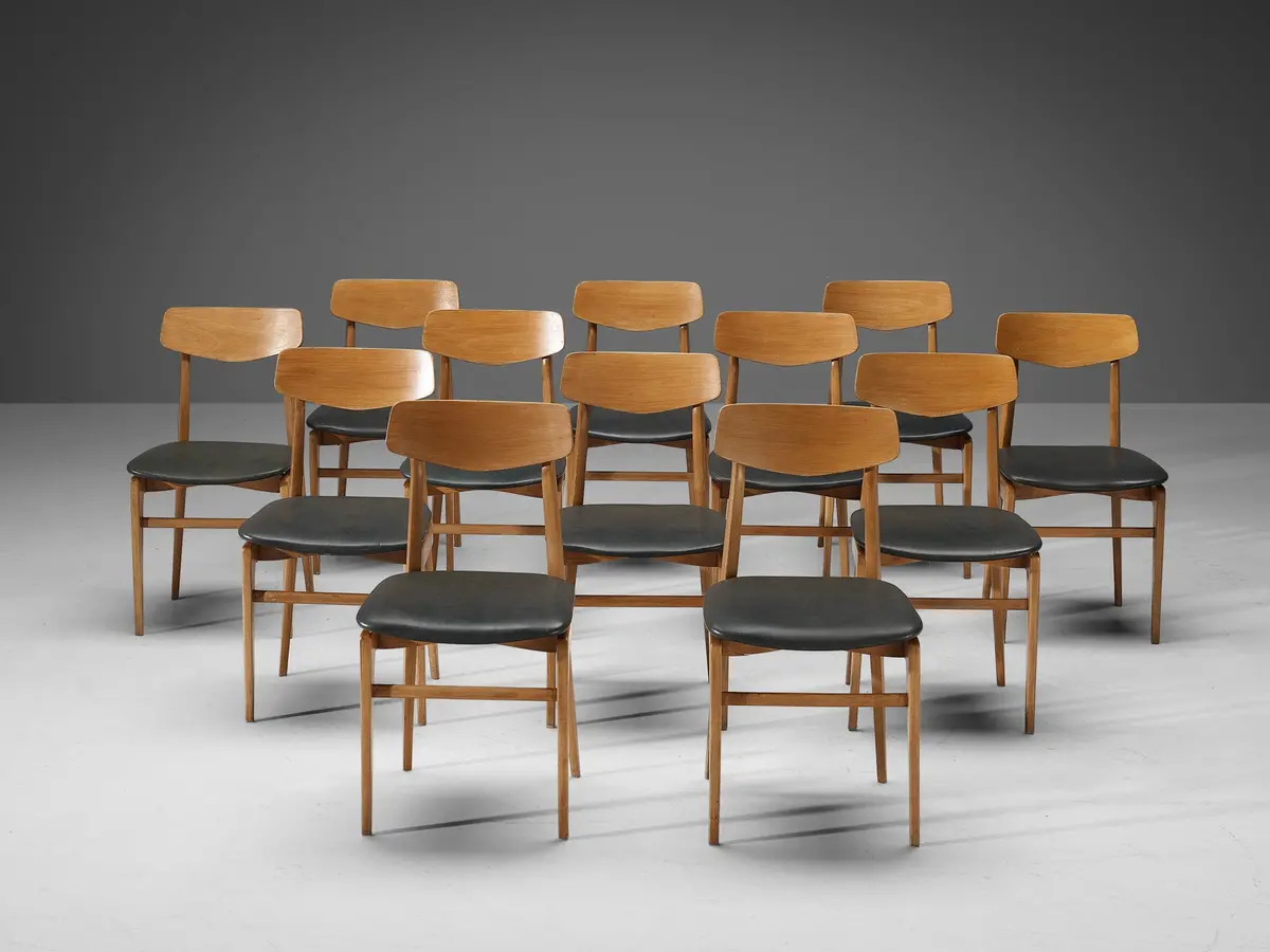 Danish Set Of Twelve Dining Chairs In Blonde Wood And Dark Grey Leatherette 1