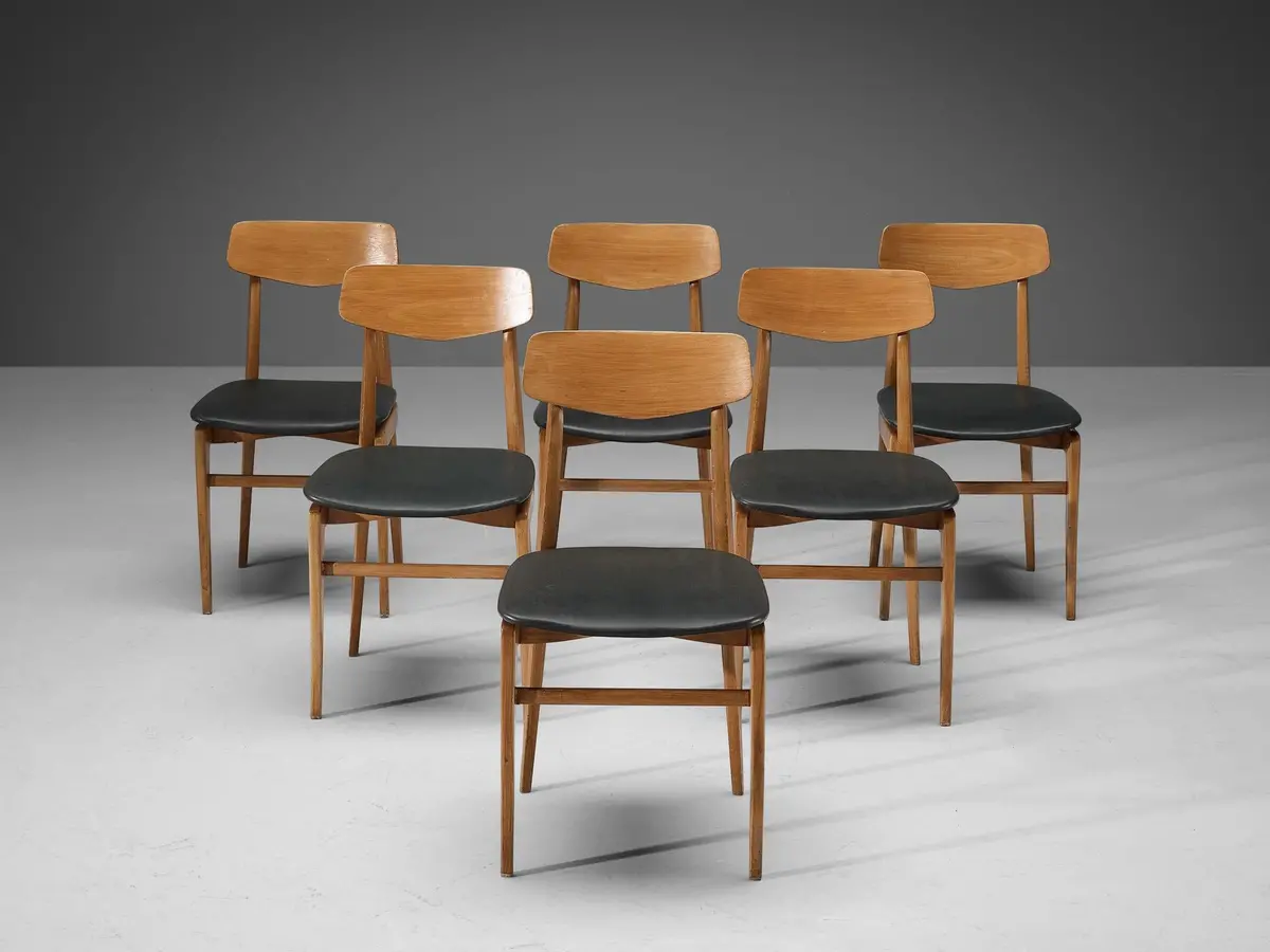 Danish Set Of Six Dining Chairs In Blonde Wood And Dark Grey Leatherette 1