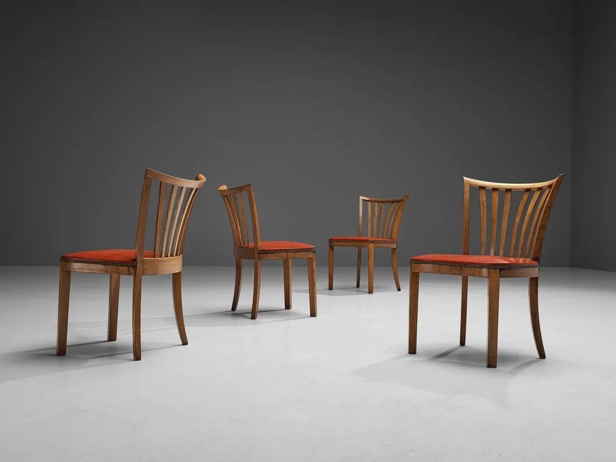 French Art Deco Set Of Four Dining Chairs In Red Leatherette Oak Brass 1