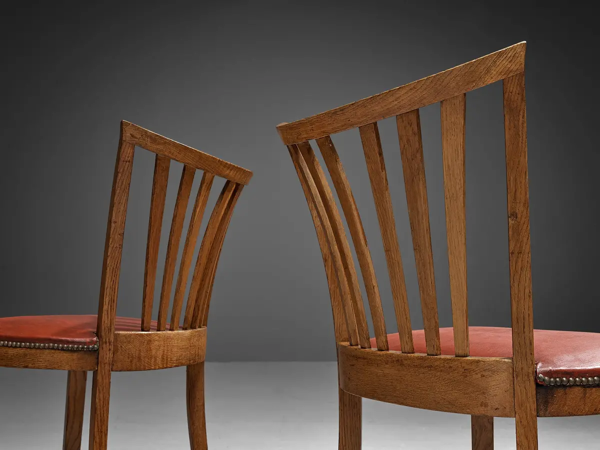 French Art Deco Set Of Four Dining Chairs In Red Leatherette Oak Brass 2