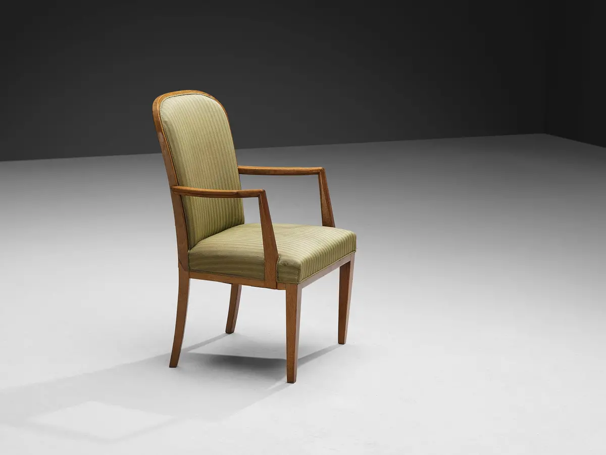Scandinavian High Back Armchair In Mahogany And Green Striped Upholstery 1