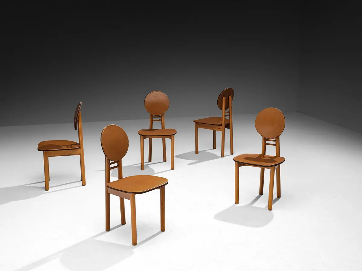 Rare Mobil Girgi Set Of Five Dining Chairs In Walnut And Cognac Brown Leather 1