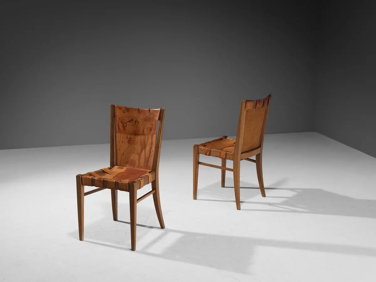 Rare Guglielmo Pecorini Pair Of Chairs In Walnut And Cognac Leather 1