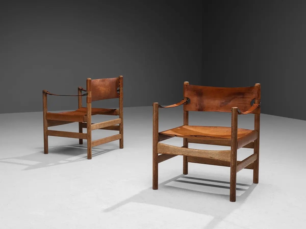 Rare Børge Mogensen For Fredericia Pair Of ‘Safari’ Armchairs Cognac Leather Oak 1