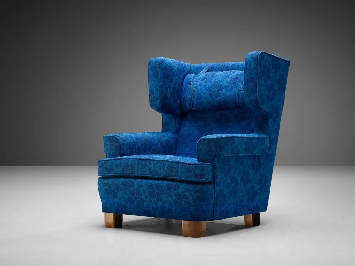 Swedish Lounge Chair In Blue Floral Upholstery 1