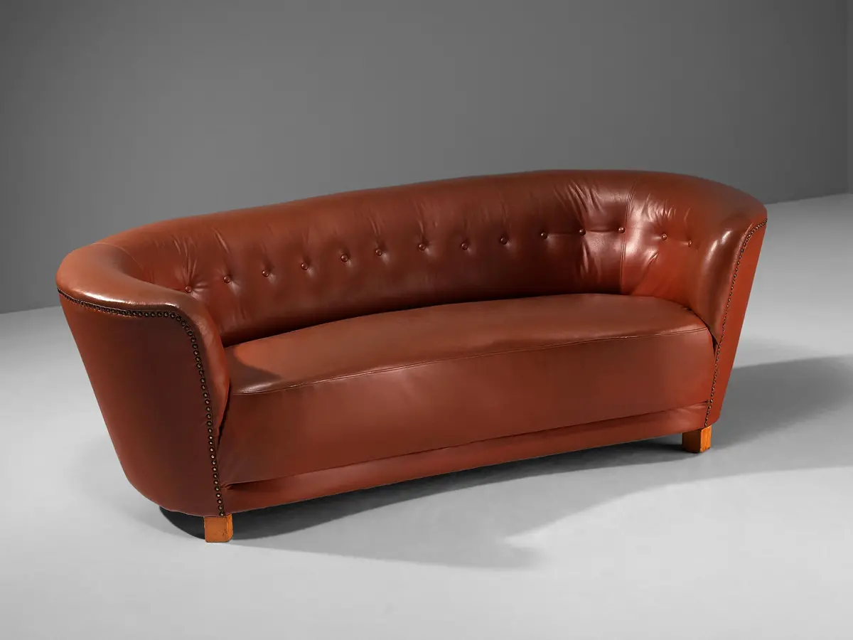 Danish Banana Sofa In Cognac Brown Faux Leather 1