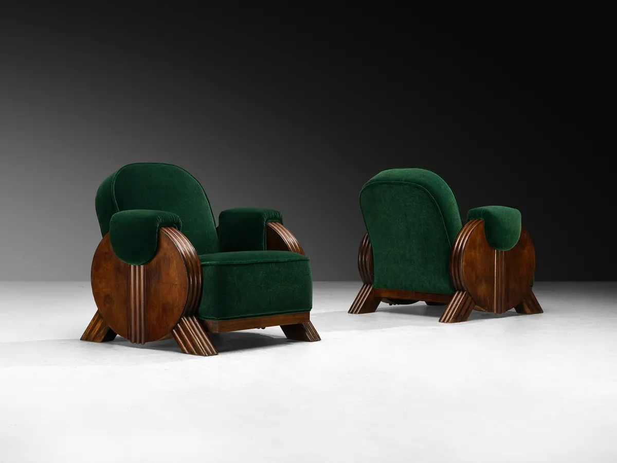 Italian Art Deco Pair Of Lounge Chairs In Forest Green Mohair By Pierre Frey 1