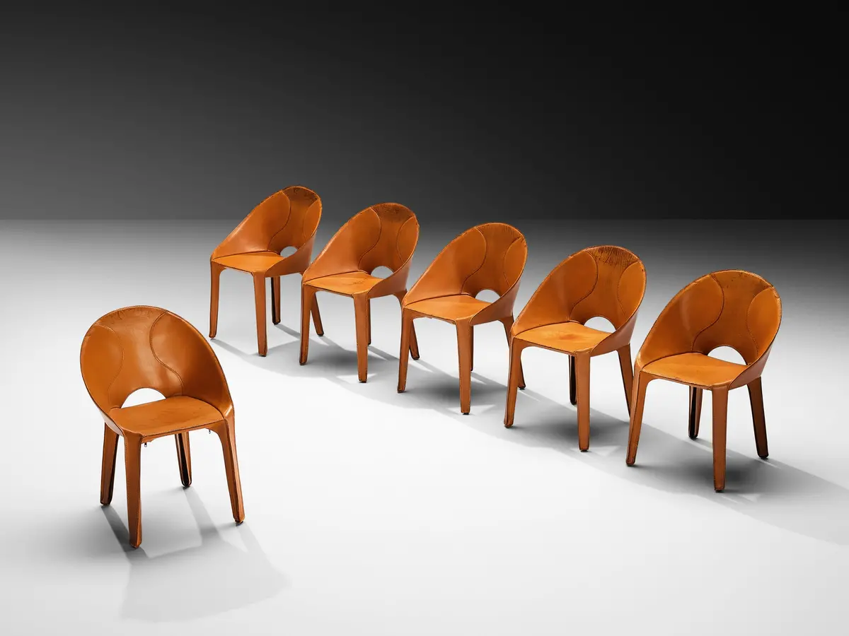 Mario Bellini Set Of Six 'Lira E Liuto' Dining Chairs In Cognac Leather 1