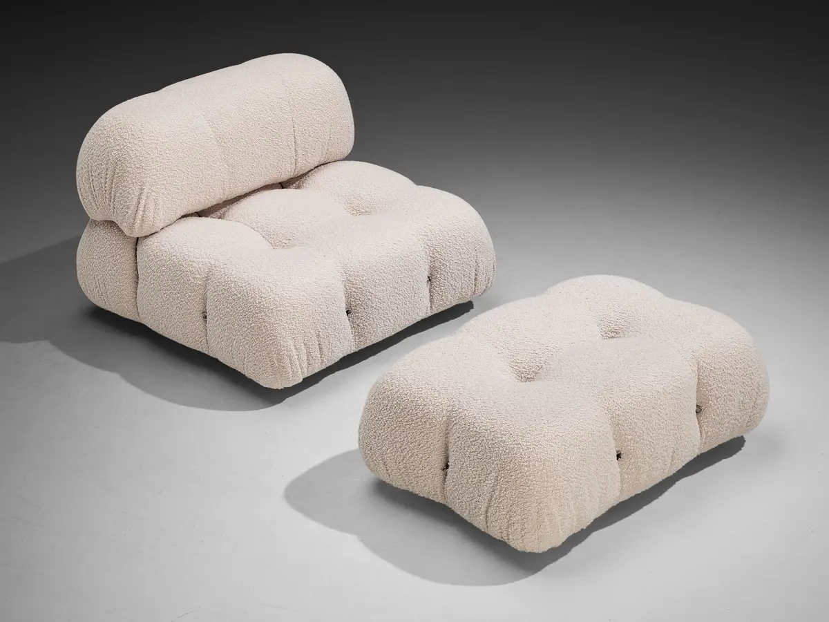 Mario Bellini Reupholstered 'Camaleonda' Lounge Chair With Ottoman White Boucle 1