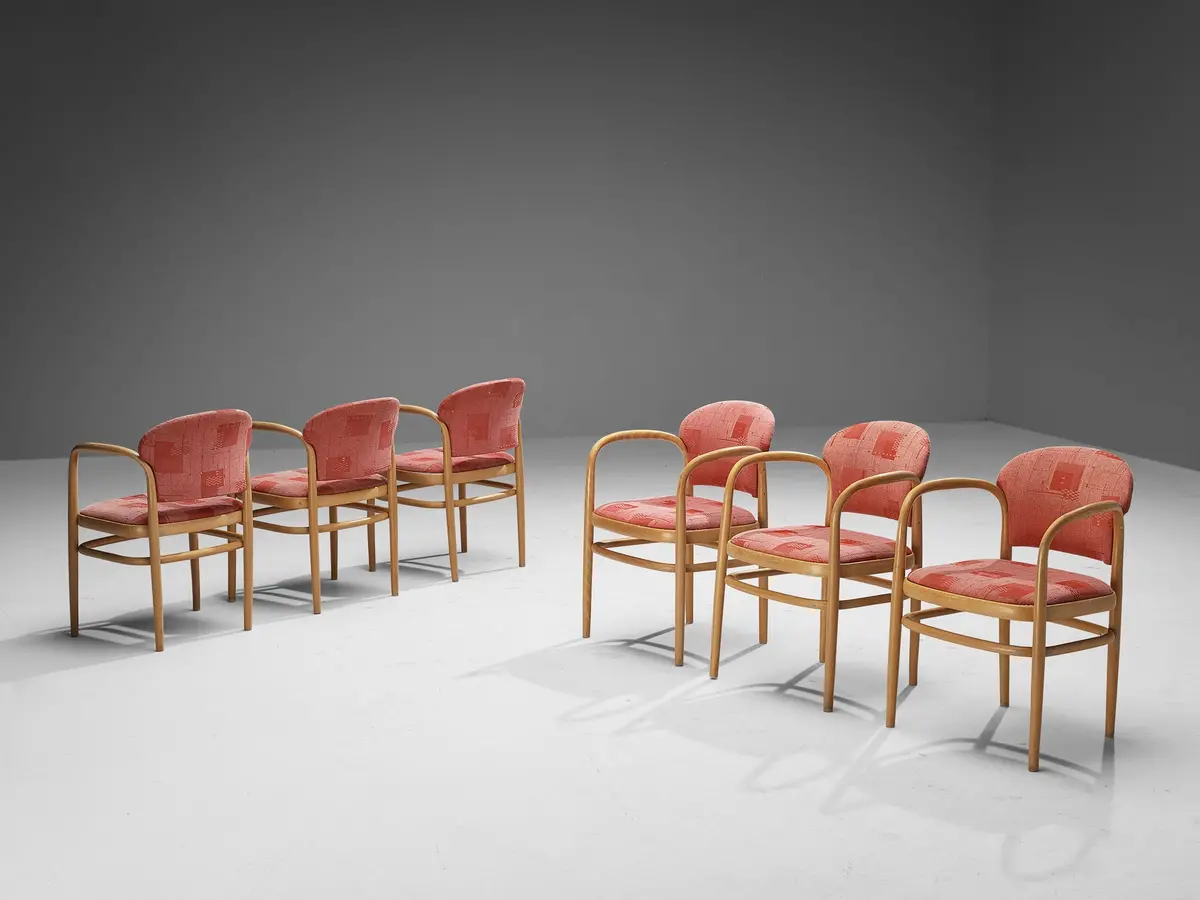 Ton Set Of Six Armchairs In Bentwood With Red Upholstery 1