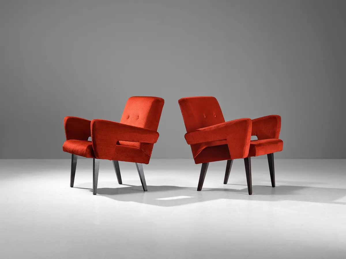 Mid-Century Pair Of Armchairs In Red Velvet Upholstery 1