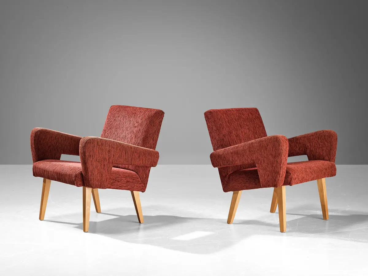 Pair Of Angular Armchairs In Red Upholstery 1