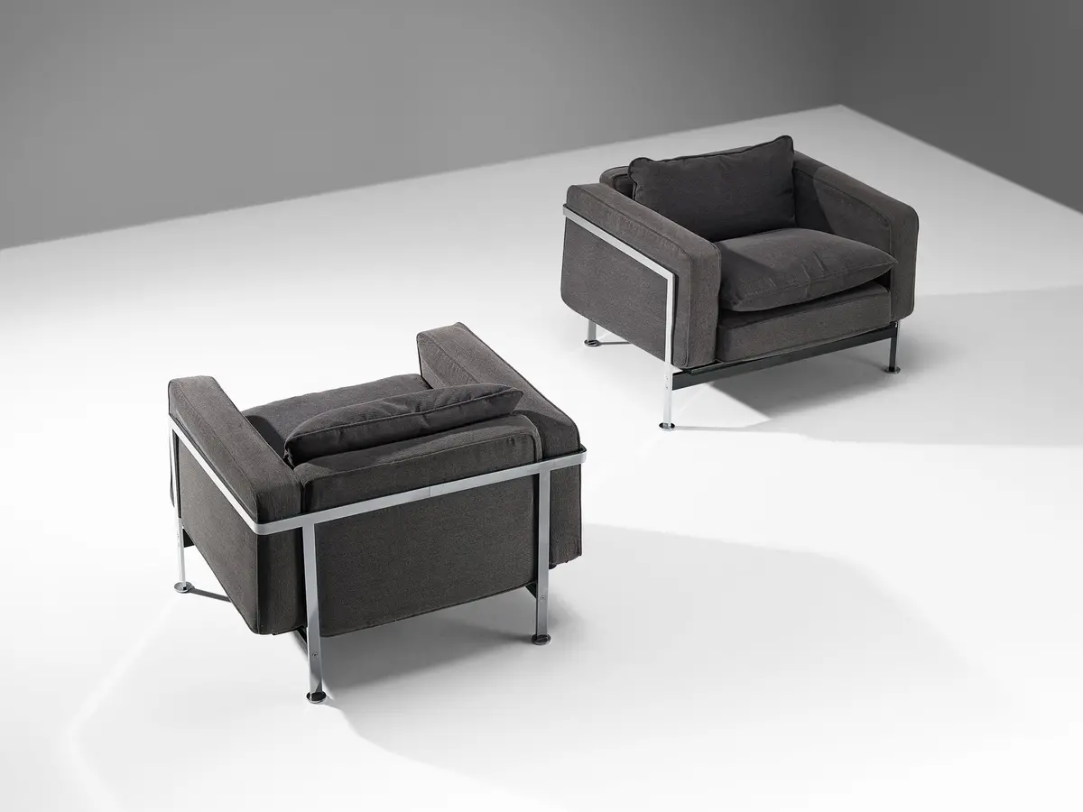 Robert Haussmann For De Sede Pair Of Lounge Chairs In Grey Fabric And Steel 1