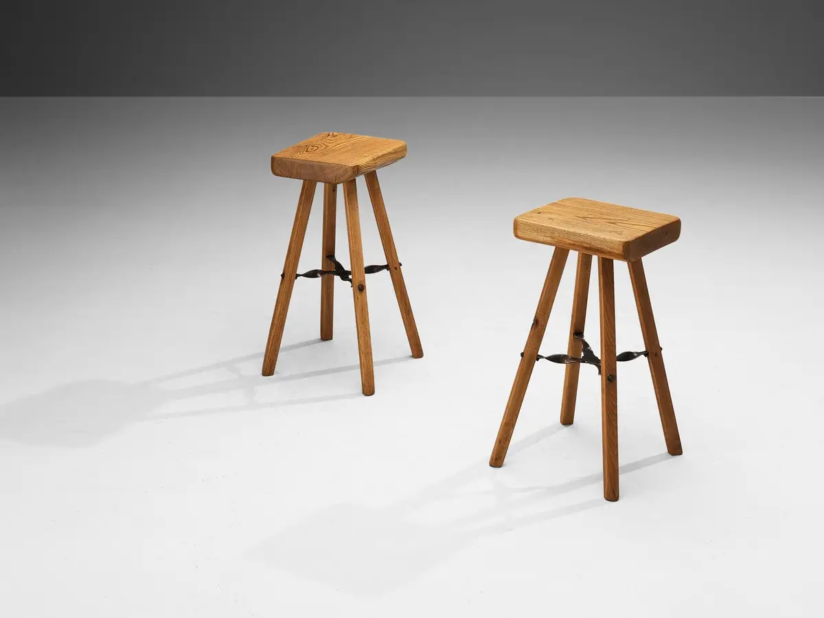 Mobichalet Brutalist Bar Stools In Blond Pine Wood And Iron 1